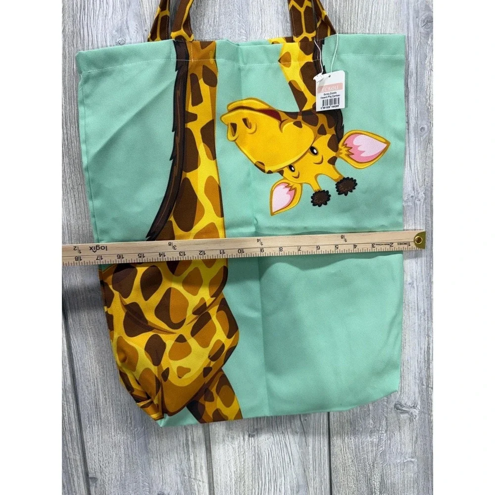Ecrou Giraffe Print Canvas Tote Bag Mint Green Animal Graphic Beach Shopper NWT